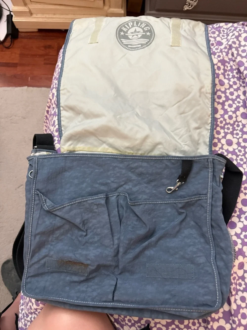 Kipling Madhouse Expandable Slate Blue Messenger Bag with Black Strap